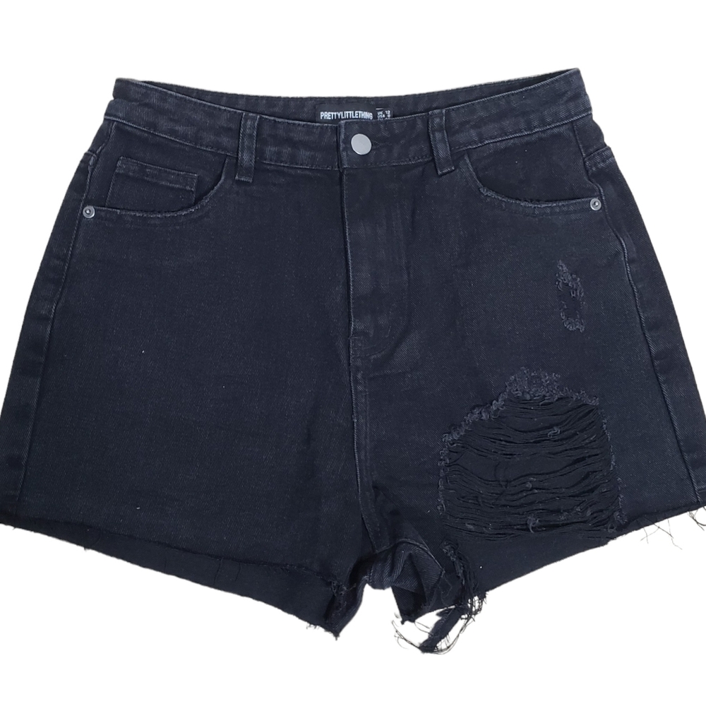 Pretty Little Thing Women's Size 8 Distressed Black Denim Jean Shorts
